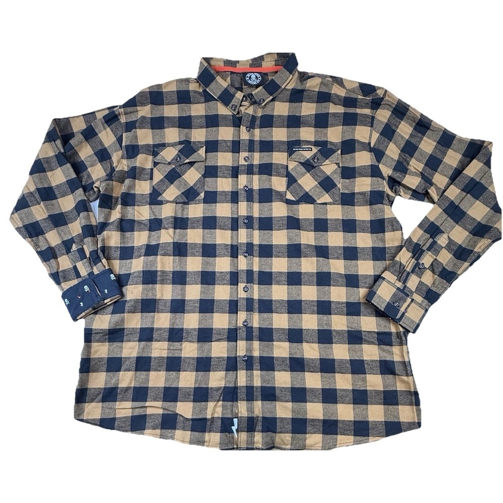 Death Wish Coffee Brown Black Plaid Flannel Shirt Mens 3XL Button Down Flip Cuff